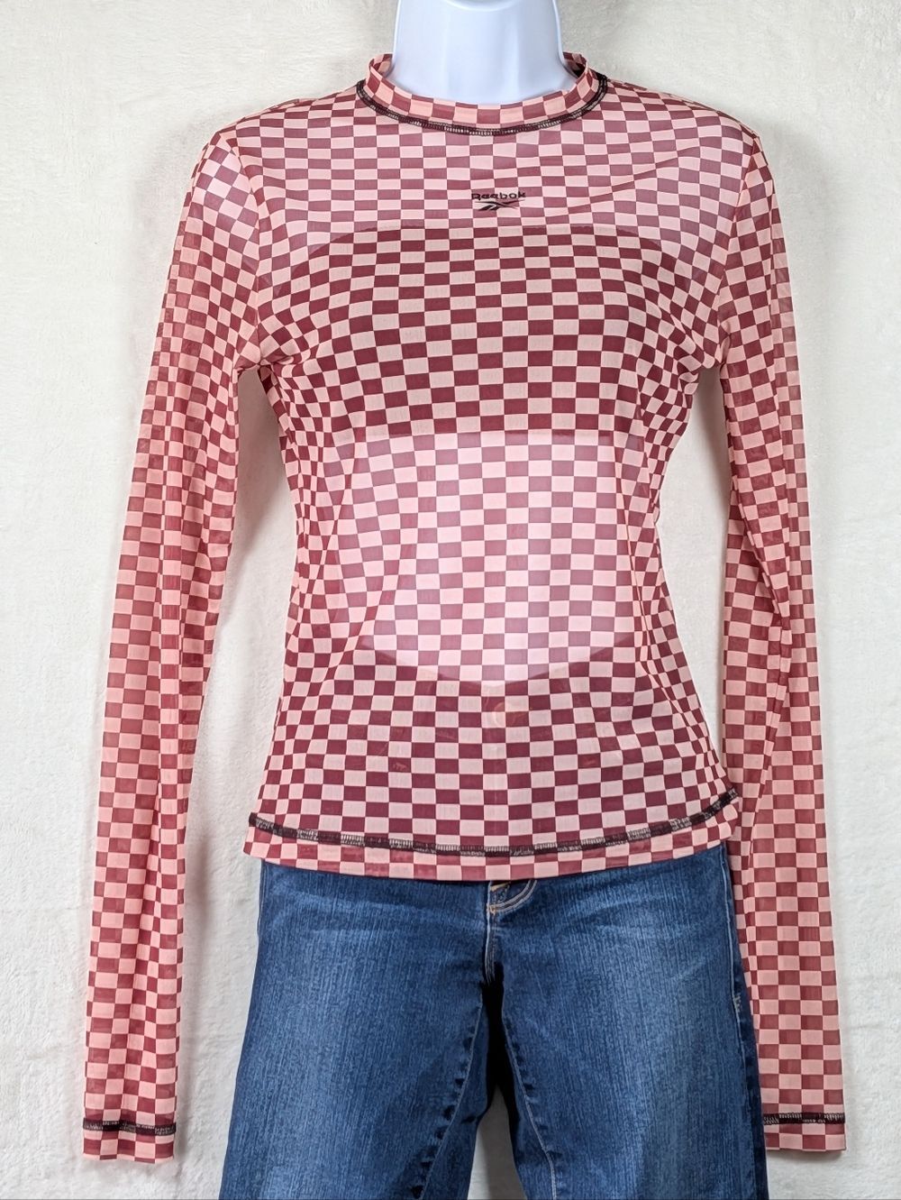 Reebok Y2K Pink Check Sheer Mesh Long Sleeve Top Size S